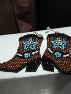 Beaded Cowboy Boot Earrings in Brown & Turquoise